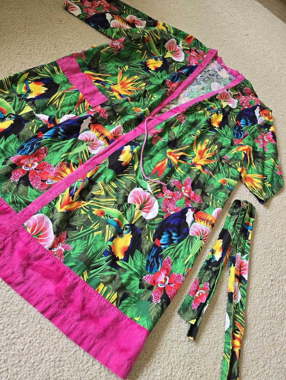 Handmade Tropical Toucan Robe Coverup Oversized XL XXL 2X Belted Lounge Kimono